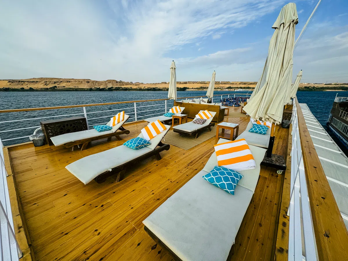 Dahabiya sun deck aboard Soul of the Nile luxury Nile cruise — 2027 Solar Eclipse trip