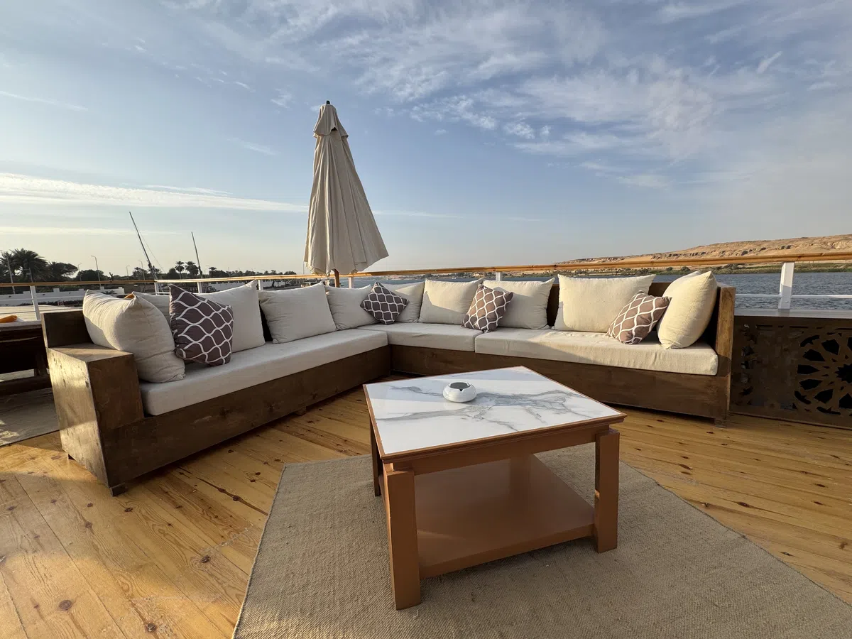 Dahabiya sun deck aboard Soul of the Nile luxury Nile cruise — 2027 Solar Eclipse trip