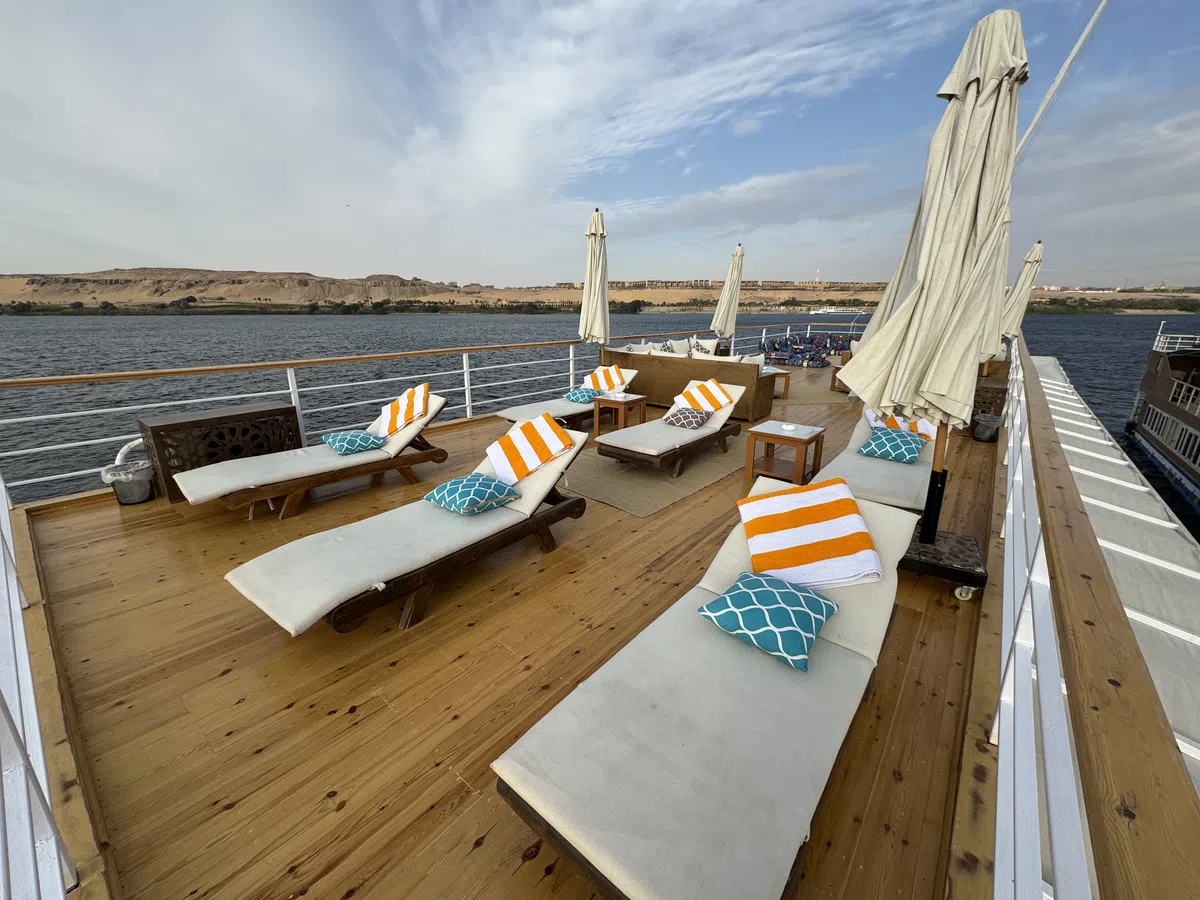 Dahabiya sun deck aboard Soul of the Nile luxury Nile cruise — 2027 Solar Eclipse trip